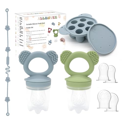 Image of Allruyee Baby Fruit Feeder & Mini Freezer Tray Combo Breastmilk Popsicle Mold Fresh Food Feeder for Safe Infant Self-Feeding Teething Relief Extra Food Pouches(Green and Blue)