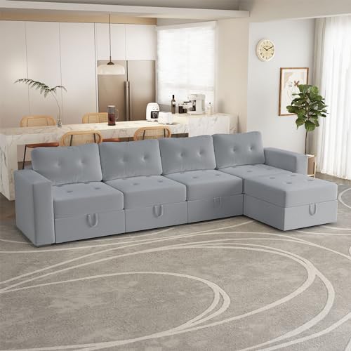 Image of QHITTY L Shaped Sectional Modular Sofa, 5 Seater Accent Couch with Hidden Extra Large Storage Space for Living Room, Grey
