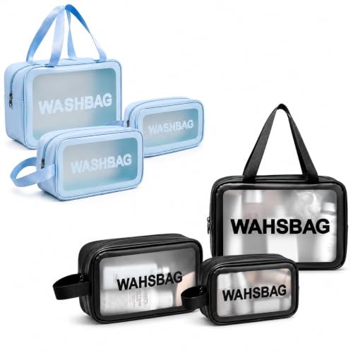 Image of MELVIS Makeup Pouch Bag for Women | Travel Toiletry Organizer Set of 3 | Waterproof Cosmetic Wash Bag with Clear Window | Portable Travel Kit Carry Pouch (Blue + Black)