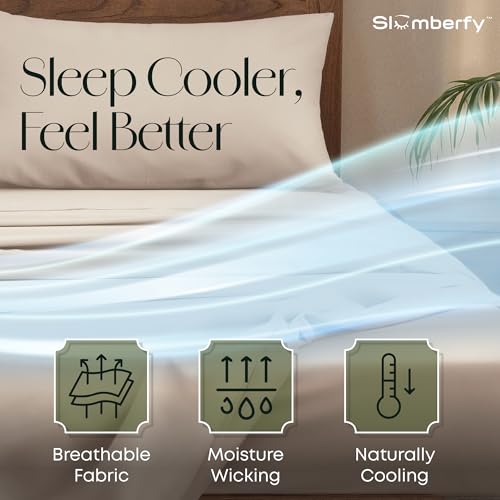 Image of Slumberfy 4-Piece 400 TC Viscose Derived from Bamboo Sheets, Queen Size - 1 Fitted, 1 Flat, 2 Pillow Cases - Deep Pocket Cooling Viscose-Bamboo Bed Sheets in Magnetic Closure Gift Box, Sand