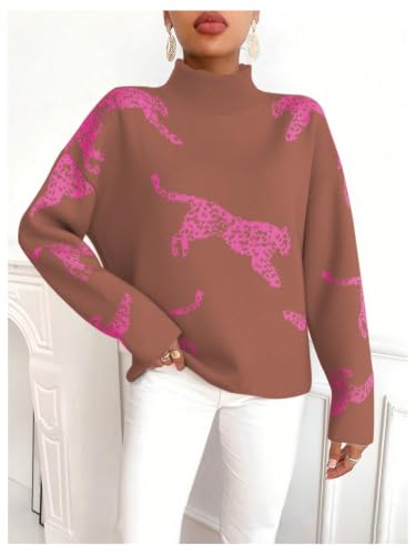 Image of WDIRARA Women's Leopard Tiger Print Sweater High Neck Long Sleeve Fuzzy Knitted Pullover Top