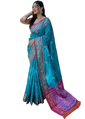 Image of Panzora Women's Patola Silk Meenakari Work Saree With Unstitched Blouse Piece