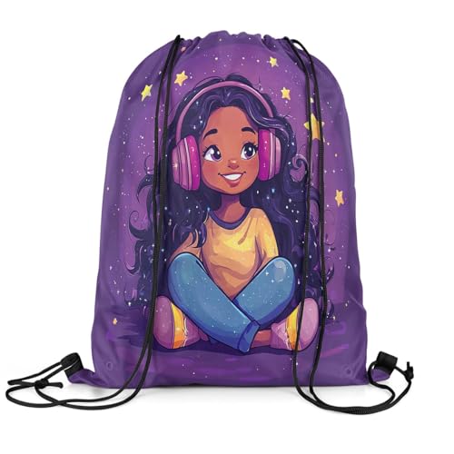 Image of jejeloiu Cute Black Drawstring Backpack 13x15.7inch African American Waterproof Gym Drawstring Bags Music Star Print Sports String Backpack Beach Swim Travel Bag Sackpack