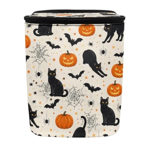 Image of Talayituse Pumpkin Black Cat Bat Print Car Trash Can Portable Auto Garbage Bin Multifunctional Vehicle Interior Accessories with Adjustable Straps Universal Fit Truck SUV Sedan Halloween Decor