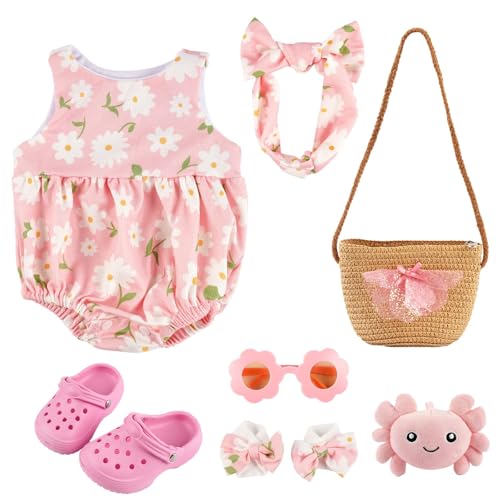 BABESIDE 16-20 Inch Reborn Baby Doll Clothes Set with 16 Inch Doll Shoes for Reborn Dolls Summer Floral Babydoll Clothes with Bag Headband for Realistic Baby Dolls Accessories Pink