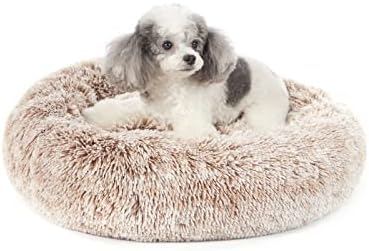 Calming Donut Dog Bed, 23 Inches Round Fluffy Dog Beds for Small Dogs, Machine Washable Anti-Anxiety Plush Puppy Bed（Brown, Small）