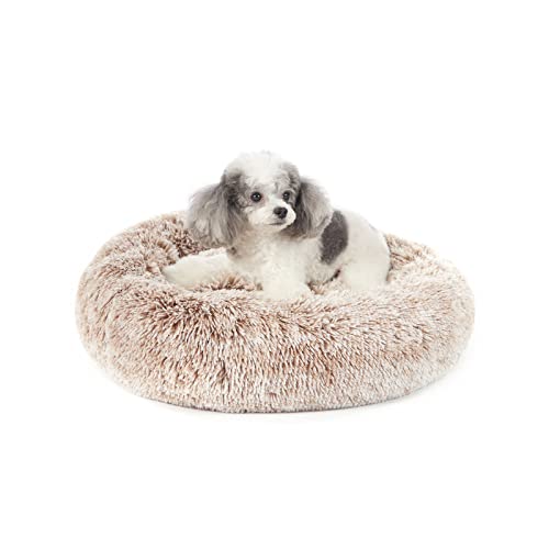 Image of Bedfolks Calming Donut Dog Bed, 23 Inches Round Fluffy Dog Beds for Small Dogs, Machine Washable Anti-Anxiety Plush Puppy Bed(Brown, Small)