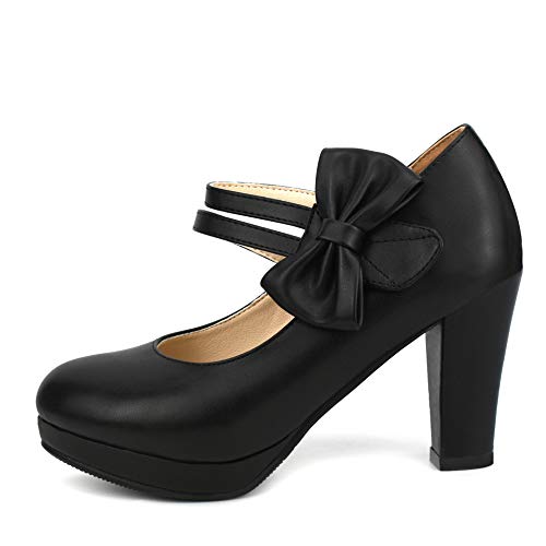 Chic Women Bow Block High Heel Mary Janes Ankle Strap Pumps Sweet Shoes Closed Toe Comfort Dress Party Pumps with Hook Loop2