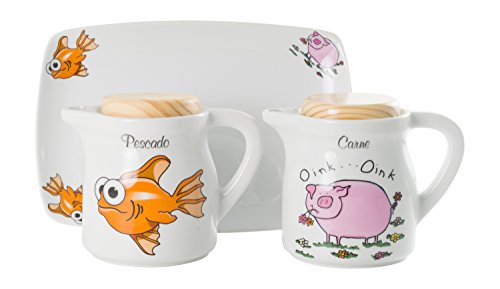 La Cija Pez y Cerdo Graseras de Porcelana con Bandeja, Blanco, 16.5x8x13.5 cm Cover