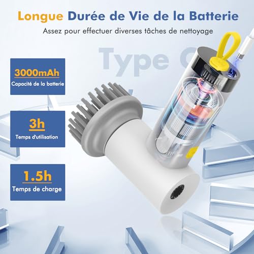 DIHOOM Brosse Nettoyage Electrique, Brosse Rotative Nettoyage avec 5 Têtes de Brosse Remplaçables et 2 Modes Brosse Electrique Nettoyage pour Salle de Bain, Cuisine, Voiture, Fenêtres – Image 4