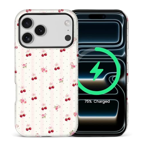 Coque pour iPhone 17 Pro MagSafe silicone rigide motif dentelle et cerise