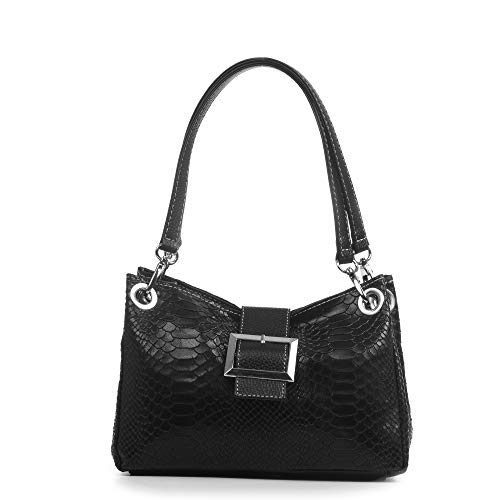 Firenze Artegiani. Anzio Bolso de hombro Mujer.Piel auténtica Gamuza Grabado Serpiente 28x12x17 cm. Color: Negro