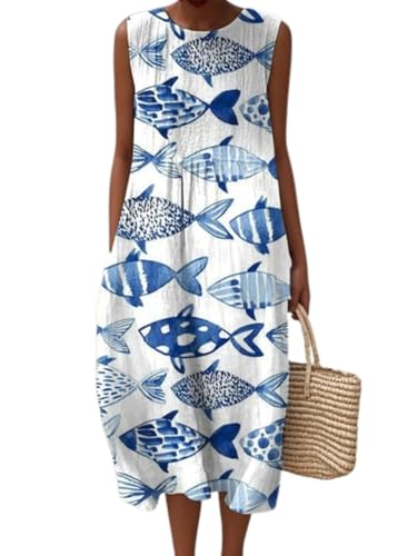Vintage Marine Animal Fish Print Midi Dress Womens Pocket Design Dress Casual Sleeveless Plus Clothing for Summer Beach Vacation Daily Shirt Loose