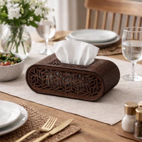 Image of Elegant Light Wooden Tissue Box Holder with Floral Laser-Cut Design - Premium Decorative Tissue Case for Home, Office & Tabletop Use (Standard Size Fit, Natural Finish)