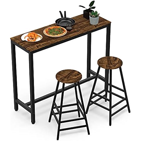 Bar Table and 2 Stools Set Wooden Garden Bar Breakfast Dining Table Set Coffee Table Pub Height Stool Dining Table Bistro Combination for Home Kitchen Bar Cocktails Party Cellar Restaurant Living Room Cover
