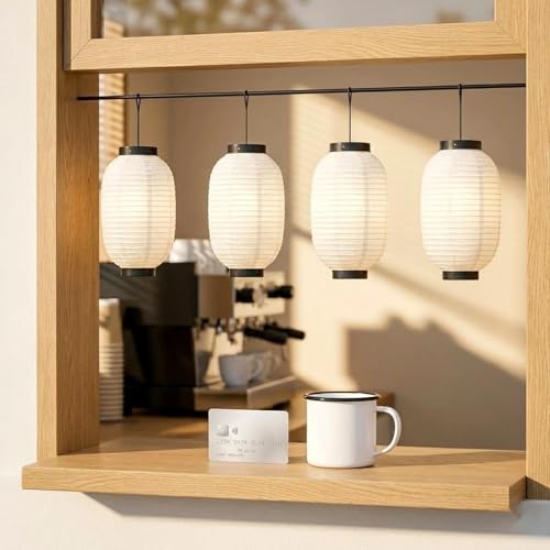 Image of LOGOFUN 4Pcs Japanese Style Hanging Lantern 8 Inch | Paper Material; Waterproof; For Sushi Bar Traditional Restaurant Indoor Outdoor Decoration; White