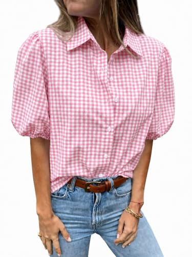 Image of Tankaneo Women's Button Down Shirts Short Puff Sleeve Collared Dressy Casual Blouse Tops