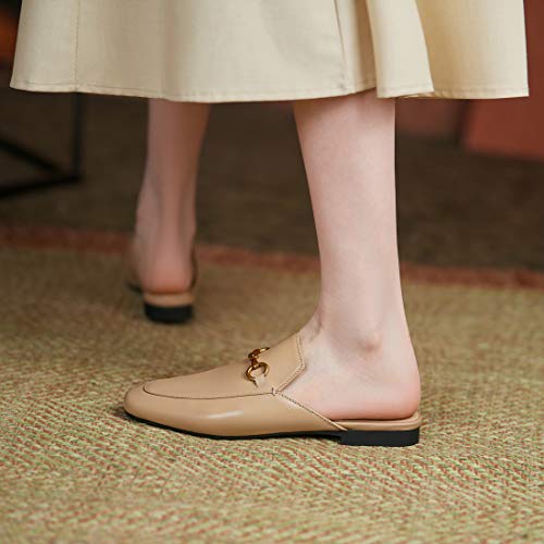 Image of Arqa Mules for Women Almond Toe Leather Flats Slip-on Comfort Backless Loafers Buckle Mule Shoes