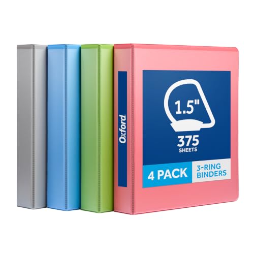 Image of Oxford 1.5 Inch 3 Ring Binders, 4 Pack, Assorted Colors, Holds 375 Sheets