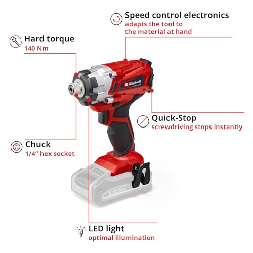Einhell Power X-Change 140Nm Cordless Impact Driver - 18V, 2300 RPM, 1/4" Hex Bit Mount, LED Light - TE-CI 18/1 Li Solo Battery Powered Impact Drill (Battery Not Included), Red 4 Einhell Power X-Change 140Nm Cordless Impact Driver - 18V, 2300 RPM, 1/4" Hex Bit Mount, LED Light - TE-CI 18/1 Li Solo Battery Powered Impact Drill (Battery Not Included), Red - Image 4
