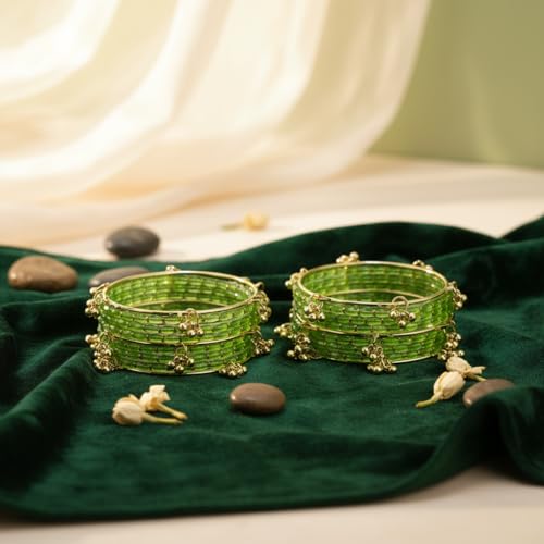 Image of Kashmiri Ghangharoo Glass Bangle Set for Women| Light Weight Bangles | Traditional Transparent Fancy Glass Chudi Set for Wedding, Party|Set Of 16(12 Glass + 4 ghungroo bangles)