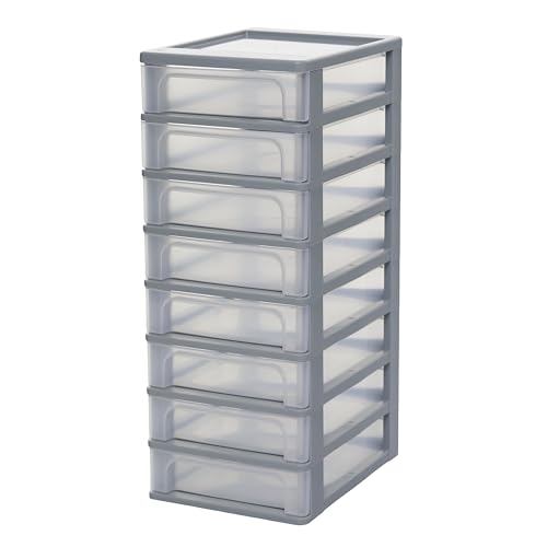 Iris Ohyama Unidad de almacenamiento de plástico con 8 cajones superficiales, Gris, formato A4, A5 y A6, multiusos, para oficina, escuela, papelería, armario y hogar, Torre, Organizador, OCH-2080