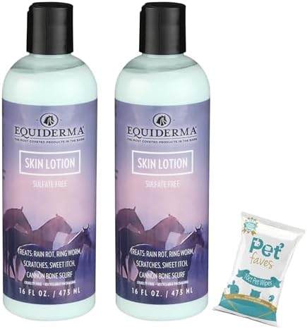 EQUIDERMA (2 Pack) Horse Skin Lotion with 10‑Count Pet Faves Pet Wipes – Gentle Soothing Relief for Cannon Bone, Mane & Tail Irritation, Dry Skin & Scabs