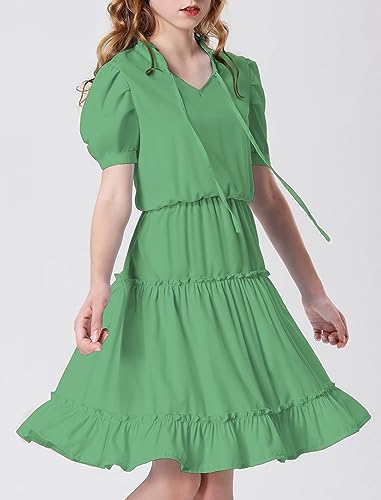 Mebius Girls Puff Short Sleeve Tie Front V Neck Elastic Waist Boho A-Line Dress Tiered Dresses for Casual School Preppy 6-12Y3