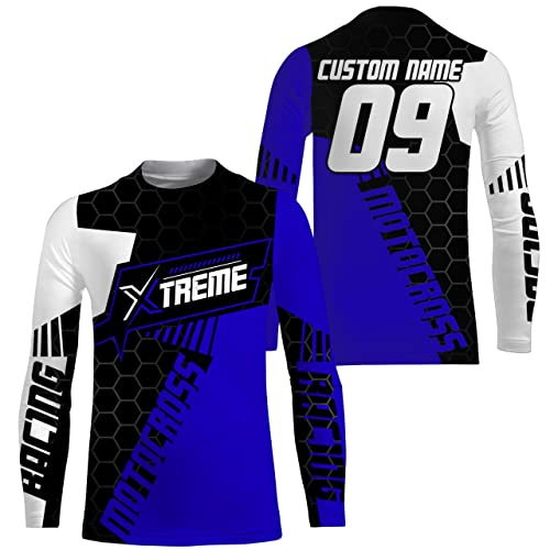PIONAMZIOZ Kids Extreme Motocross Jersey Personalized UPF30+ Boys Girls Dirt Bike Racing Long Sleeves Blue