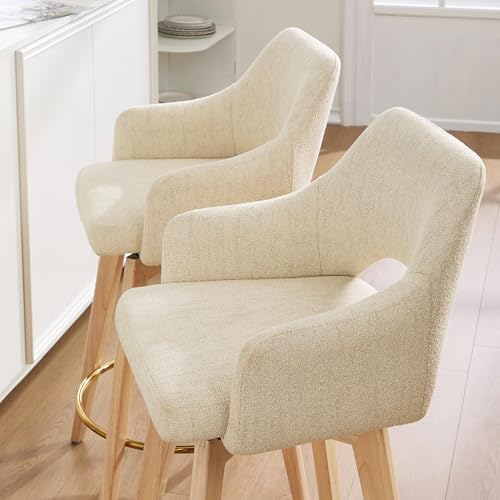 Image of Zesthouse Swivel Counter Stools Set of 2, Wooden Counter Height Bar Stools with Back & Arm, Upholstered Linen Fabric Barstools with Solid Wood Leg & Gold Footrest, Beige High Chairs for Kitchen Island
