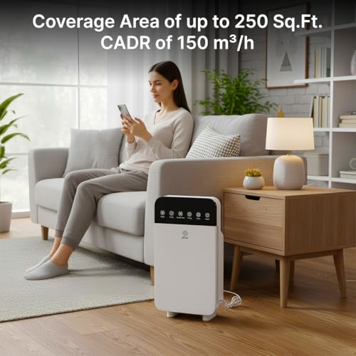 Image of pTron EaseMate Air Purifier H1 for Home, Covers 250 sq.ft., 4-Stage Filtration, HEPA 13 Filter, Activated Carbon, Removes 99.97% of Pollutants, Allergens, Smoke, Dust, Pollen, Pet Dander (White)