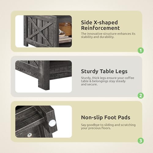 GOOBED Farmhouse Sqare Coffee Tables for Living Room with Storage, Grey Wash Coffee Table 2 Tier Spaciou Storage Shelf, Modern Center Table Small Coffee Tables, Dark Grey