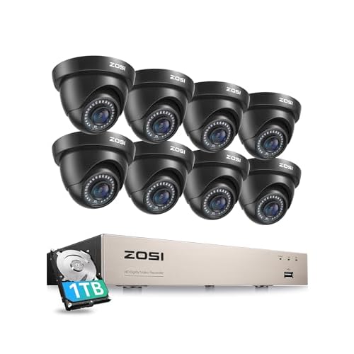 ZOSI 8 Channel 1080P CCTV Camera System with AI Human Vehicle Detection, 5MP Lite H.265+ DVR with 1TB Hard Drive and 8x 2MP Dome Security Cameras Indoor Outdoor, 80ft Night Vision, Remote Ac