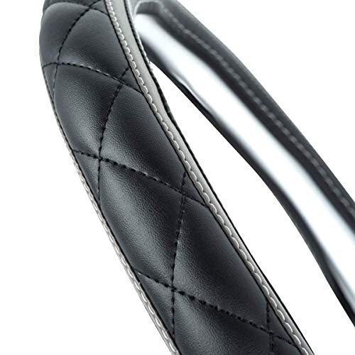 Car Pass Sporty Quilting Leather Universal Fit Steering Wheel Cover,Fit For Suvs,Vans,Sedans,Trucks For 14.7" To 15"(Black & Gray) #TOP4