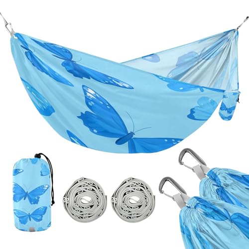 ATTX Blue Butterflies Camping Hammock - Lightweight & Portable Hammocks, Heavy Duty 330lbs Capacity for Indoor, Hiking, Backpacking, Travel, Backyard, Beach#549
