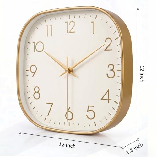 Image of STAR WORK 12 inch Inch Square Silent Non-Ticking Quartz Movement Wall Clock with Analog & Digital Display | Easy-to-Read Numbers | Modern Design for Living Room, Bedroom or Office (White - Gold)