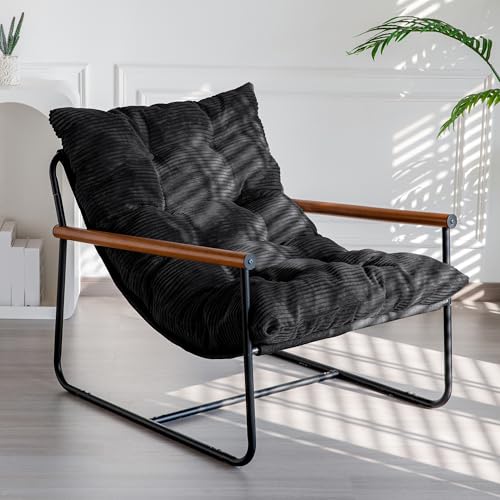 Image of MAXYOYO Modern Accent Chair, Comfy Living Room Chair with Metal Frame Wooden Armrest, Upholstered Armchair with Soft Cushion for Bedroom Balcony Lounge Reading Room, Black