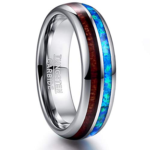 Vakki 6mm 8mm Hawaiian Koa Wood Tungsten Rings for Men Blue Created Opal Wedding Band Dome Style Comfort Fit Size 6-14