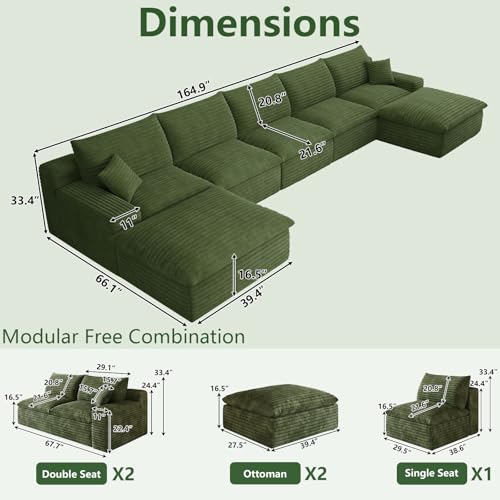 Image of 165 inch Cloud Couch Modular Sectional Sofa for Living Room, U-Shape Boneless Couch with Deep Seat, Modern Corduroy 5-Seater with Ottomans, No Assembly Required, Green