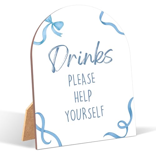 Blue Bow Drinks Please Help Yourself Sign for Baby Shower, 6x8 Inch Arch Wooden Sign with Stand, Blue Baby Shower Table Sign, Gender Neutral Party Decoration - QW10