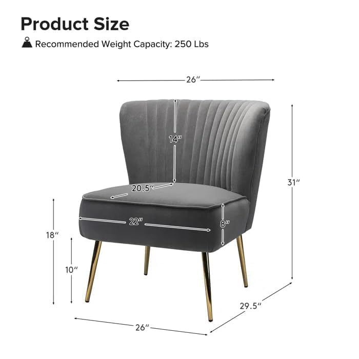 Image of Modern Upholstered Accent Velvet Chair Single Seater Channel Tufted Wing Back Chair with Golden Matel Legs for Living Room, Bedroom, Dining Room, Grey