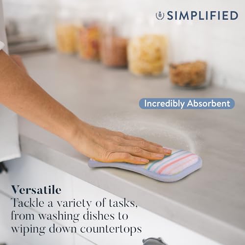 Image of Simplified 5-Pack Scrub & Wipe 2-in-1 Dishwashing Sponges - Non-Abrasive Cleaning Sponges, Double-Sided - Safe for Dishes, Non-Stick Pans or Glassware, Absorbent Dish Sponges, Rainbow Stripe