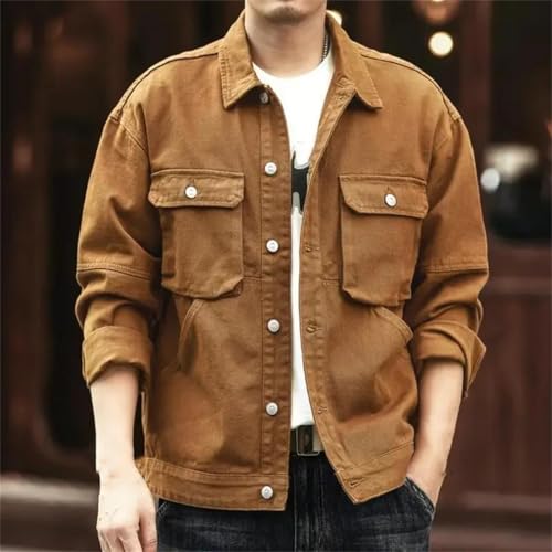 Yeuyyben Men Oversize Cowboy Coat Brown Cotton Denim Jackets Man Retro Outwear2