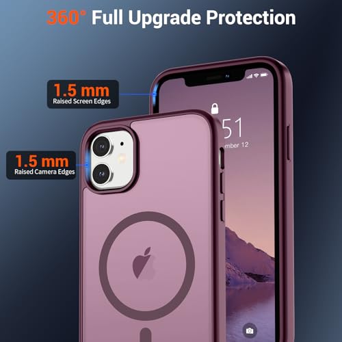 Image of SUPFINE Magnetic for iPhone 12 Mini Case & iPhone 13 Mini Case with Screen Protector (Compatible with MagSafe) (Military Grade Drop Protection) Translucent Matte Shockproof Phone Cover,Wine Red