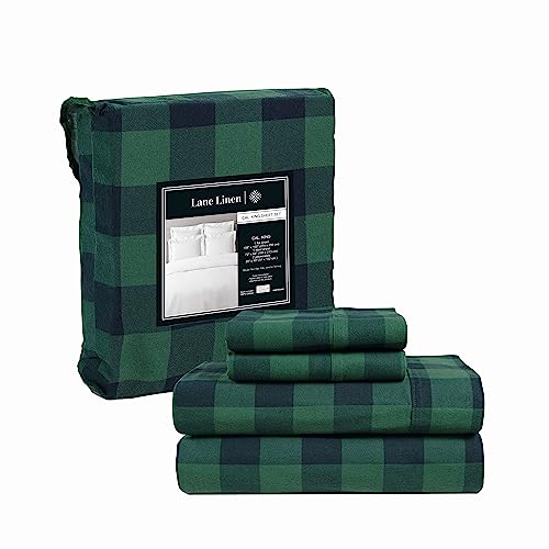 LANE LINEN Cotton Flannel Sheets Set Cal King Size - Brushed for Extra Softness - Cotton Flannel Cal King Size Sheets Set - Warm & Cozy Cotton Sheets with 15 Deep Pocket - Buffalo Checks Green