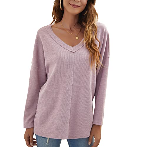 Camisa de Manga Larga para Mujer, Suéter con Cuello en V, Camiseta Informal de Otoño, Camiseta de Manga Larga Informal para Mujer, Lavar a Máquina(M-Violeta) Cover