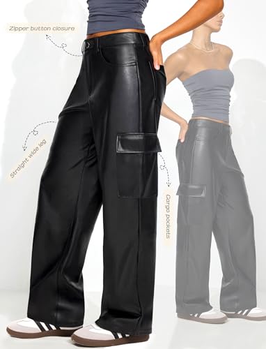 Black Faux Leather Pants for Women High Waisted Flare Cargo Pants Y2k Straight Wide Leg Pleather Pants with Pockets3