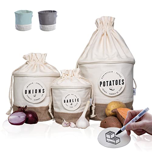 Glückstoff® Cesta de Almacenamiento Ecológica de 3 Telas | Organizador de Patatas, Ajo y Cebolla | Almacenaje de Cocina y Baño | Bolsa de Almacenaje de Lino | Caja de Conservación de Alimentos (Beige)