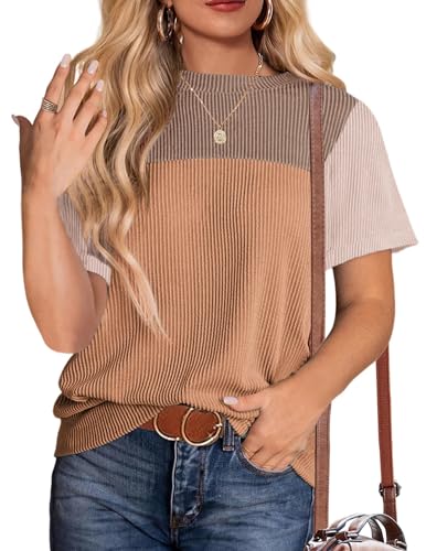 Zeagoo Womens Tops Loose T-Shirts Crew Neck Spring Blouse Business Casual Loose Ladies Shirts Short Sleeve Summer Tops for Women Trendy Khaki L