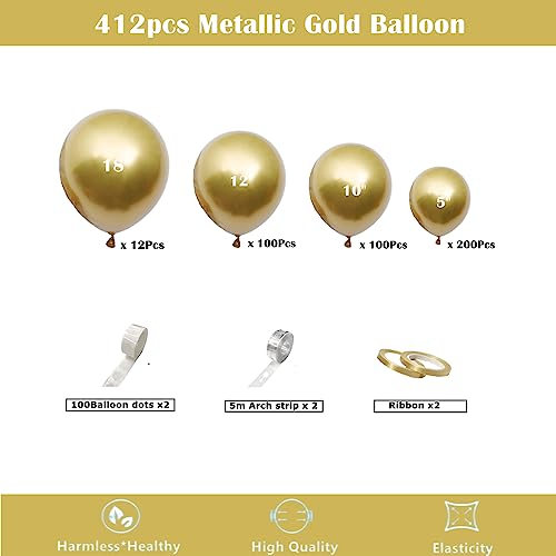 Image of 412pcs Metallic Gold Balloon Garland Arch Kit 18 12 10 5 Inch Different Sizes Latex Chrome Balloons for Baby Shower Birthday Graduation Wedding Anniversary Celebration Party Decoration